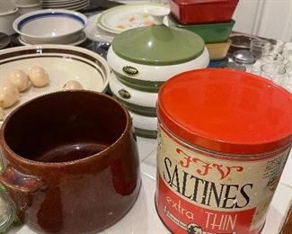 vintage crocks, vintage cracker tin, vintage round stacking canister trio 