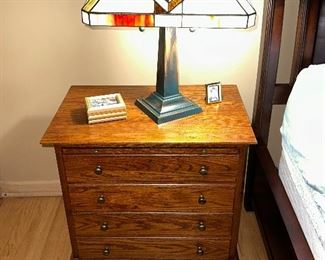 Second of a Pair of 3 Drawer Night Stand with Writing Shelf with Tiffany Style Table Lamp