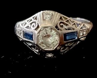 18k White Gold Art Deco-era Diamond Ring w/Sapphires