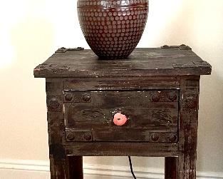 Rustic Wood Side Table, Metal Lamp