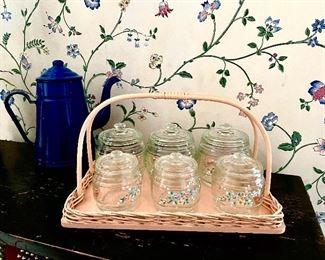 Enameled Glass Baby's Dresser Set w/Wicker Tray
