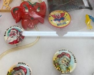 Flat of Christmas Pinbacks, Mr. Peanut, Hot Wheels Buckle, Bozo Pinback and other Collectibles