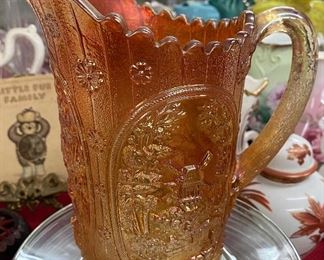 Marigold Windmill and Flowers Carnival Glass Pitcher