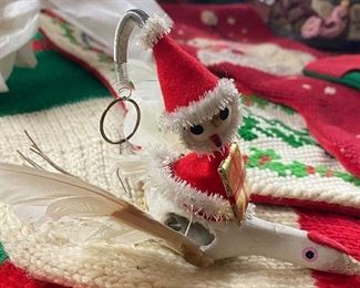 Unusual Flying Santa on Goose Springing Ornament