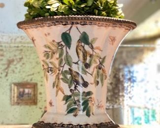 Porcelain Cachepot with Brass Base & Faux Boxwood Ball - 2 available.