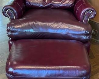 Hancock & Moore Oxblood Leather Chair & Ottoman with Nailhead Trim. Chair measures 35" W x 40" D. Ottoman measures 25" x 20". Photo 2 of 2.