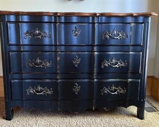 Century Distressed Ebony Serpentine Front Chest of Drawers. Measures 48" W x 20" D x 34" H. Photo 1 of 4.