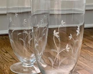 Pair of Etched Glass Vases. Each Measures 16" H x 8" D.