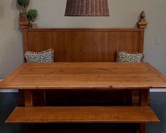Pine Banquet, Dining Table and Bench Set. Table Measures 78” W x 46” D x 29.5” H. Banquet Measures 90” W x 23” D x 54” H. Bench Measures 62” W x 14” D. Photo 1 of 4.