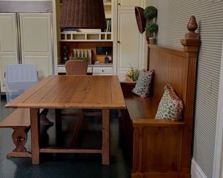 Pine Banquet, Dining Table and Bench Set. Table Measures 78” W x 46” D x 29.5” H. Banquet Measures 90” W x 23” D x 54” H. Bench Measures 62” W x 14” D. Photo 2 of 4.