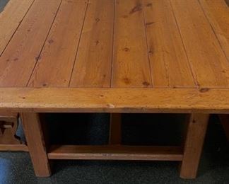 Pine Banquet, Dining Table and Bench Set. Table Measures 78” W x 46” D x 29.5” H. Banquet Measures 90” W x 23” D x 54” H. Bench Measures 62” W x 14” D. Photo 3 of 4.