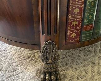 Maitland-Smith Round Book Motif, Three-Drawer Side Table with Brass Claw Feet. Measures 26” D x 26” H. Photo 4 of 5.
