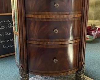 Maitland-Smith Round Book Motif, Three-Drawer Side Table with Brass Claw Feet. Measures 26” D x 26” H. Photo 1 of 5.