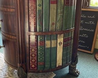 Maitland-Smith Round Book Motif, Three-Drawer Side Table with Brass Claw Feet. Measures 26” D x 26” H. Photo 2 of 5.