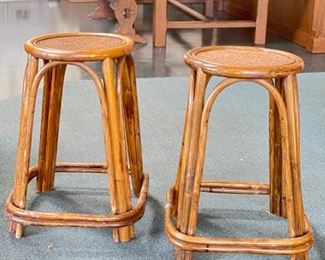 Set of 2 Vintage Bamboo & Rattan Counter Stools. Each Measures 22” H. Base Measures 16” x 16”. Photo 1 of 3.