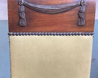 Pair of 2 Antique Tall Back Leather Upholstered Dining Chairs with Nailhead Trim and Carved Cartouche. Each Measures 18” W x 17” D x 44” H with 18” Seat Height. Photo 3 of 4.