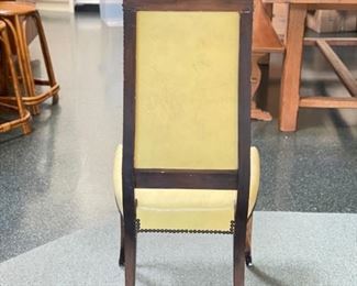 Pair of 2 Antique Tall Back Leather Upholstered Dining Chairs with Nailhead Trim and Carved Cartouche. Each Measures 18” W x 17” D x 44” H with 18” Seat Height. 2 of 4.