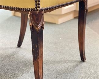 Pair of 2 Antique Tall Back Leather Upholstered Dining Chairs with Nailhead Trim and Carved Cartouche. Each Measures 18” W x 17” D x 44” H with 18” Seat Height. Photo 4 of 4.
