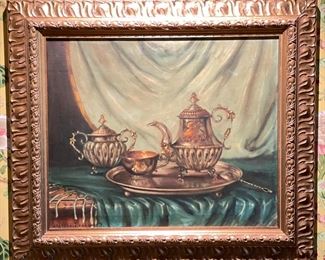 Tea Service Sill Life signed by artist. Measures 23" W x 18"H. Photo 1 of 2.