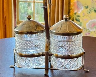 Vintage Cut Crystal Jelly Jars with Silver Plate Lids and Carrier.