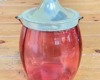 Cranberry Glass with Silver Plate Lid & Handle. Photo 1 of 2.