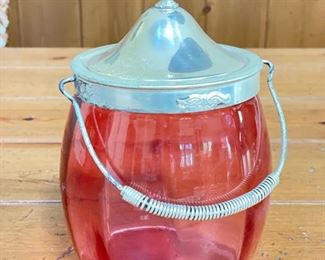 Cranberry Glass with Silver Plate Lid & Handle. Photo 2 of 2.