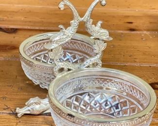 Vintage Cut Glass Candy / Nut Dishes with Silver Plate Dolphin Fish Handle. Photo 1 of 2.