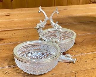 Vintage Cut Glass Candy / Nut Dishes with Silver Plate Dolphin Fish Handle. Photo 2 of 2.