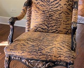 Parcel-Gilt Armchair upholstered in Le Tigre fabric. Measures 28” W x 28” D. Photo 1 of 4.