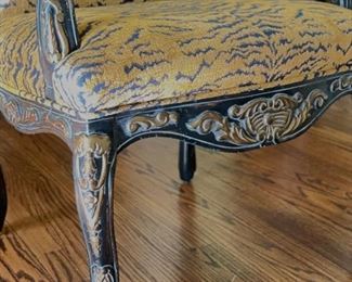 Parcel-Gilt Armchair upholstered in Scalamandre Le Tigre fabric. Measures 28” W x 28” D. Photo 2 of 4.