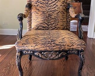Parcel-Gilt Armchair upholstered in Scalamandre Le Tigre fabric. Measures 28” W x 28” D. Photo 3 of 4.
