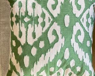 Set of 4 Green Down-Filled IKAT Pillows. Each Measures Approximately 12" x 12".
