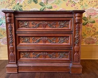 Marble-Topped Carved Wood Chest of Drawers. Measures 36" W x 19" D x 30" H. Photo 1 of 3.