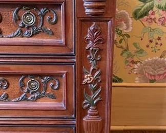 Marble-Topped Carved Wood Chest of Drawers. Measures 36" W x 19" D x 30" H. Photo 2 of 3.