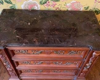 Marble-Topped Carved Wood Chest of Drawers. Measures 36" W x 19" D x 30" H. Photo 3 of 3.