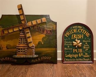 Vintage Wood Pub Signs. Windmill Sign Measures 36" W x 35" H. Irish Pub Sign Measures 23" W x 18" H.