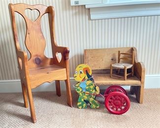 Vintage Pine Child's Chair, Bench and Pull Along Toy.