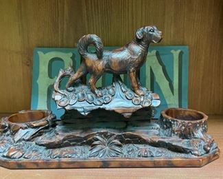 Brass Dog InkWell Set.