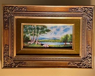 "Quiet Lake" Signed Leroy. Enamel on Copper. Measures 7.5" W x 5.5" H. Photo 1 of 2.