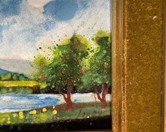 "Quiet Lake" Signed Leroy. Enamel on Copper. Measures 7.5" W x 5.5" H. Photo 2 of 2.