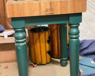 Boos Butcher Block Table with Green Base. Measures 24" x 24" x 32" H.