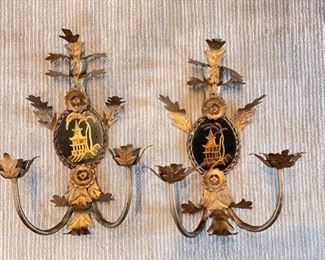 Gilt Chinoiserie Two-Arm Candle Sconces.
