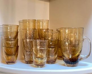 Pierre Deux Raindrop Amber Glass Pitcher & Glassware Sets.