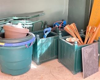 Assorted Wood Planters, Buckets and Garden Torches.