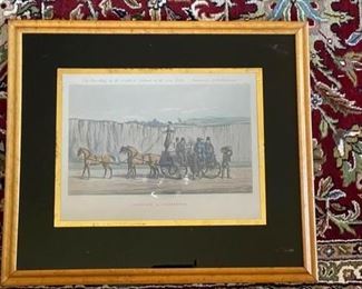 Antique Lithograph "Dropping A Passenger" with Black Glass Frame - 2 Available. Printed by Ackermann & Co. 1886. Photo 1 of 2.