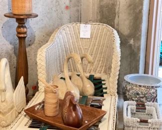Vintage Wicker Chaise, Carved Wood Swans, Vintage Fish Bowl.