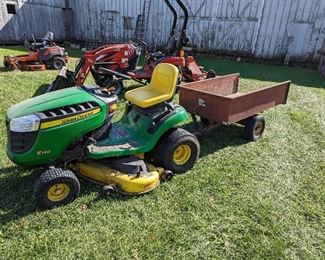 John Deere E140 Riding Mower, Agri-Fab 17 cu ft Trailer