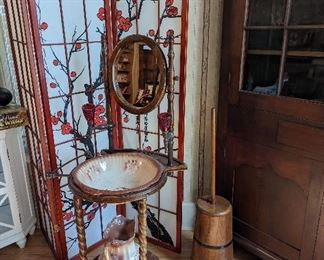 Antique Washstand with Pitcher & Bowl, Room Divider, Wood Butter Churn