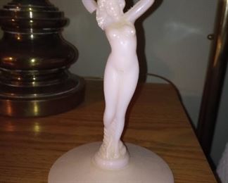 Fancy Peach colored Cambridge Glass Nude Compote, in as is condition,