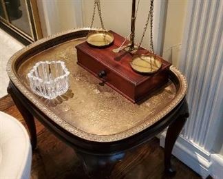 Brass fitted end table. Antique scale. Kosta Boda